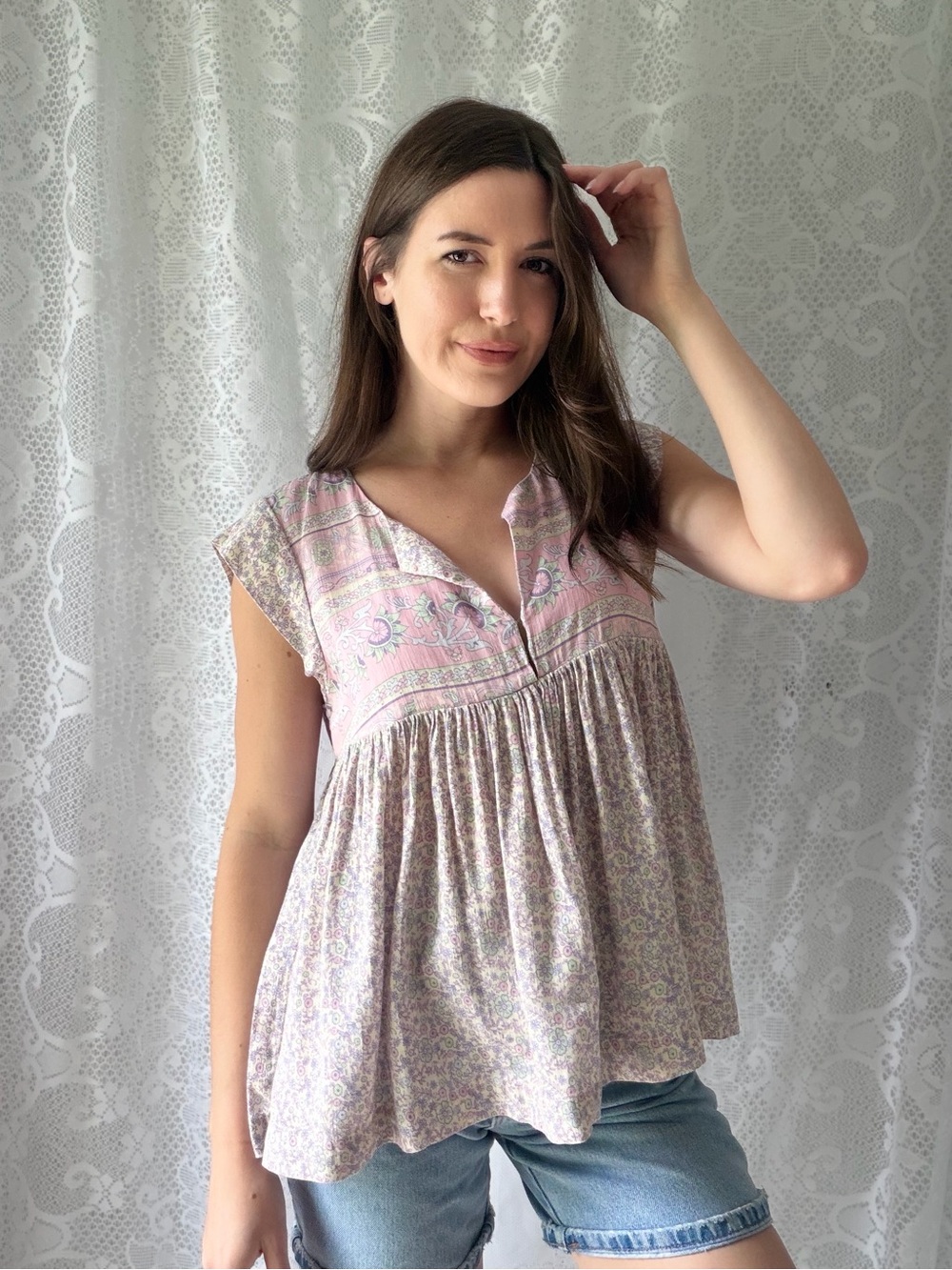 Floral Boho Blouse Lucky Brand Pink Paisley Babydoll Peasant Festival Top